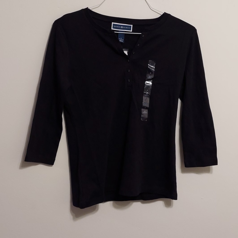 NWT Karen Scott Black Cotton Henley 3/4 Sleeve Top